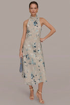 Women Floral Burnout Mock Neck Midi Dress Asymmetric Hem