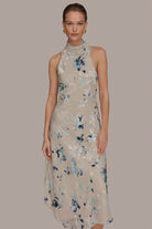 Women Floral Burnout Mock Neck Midi Dress Asymmetric Hem - Image 5