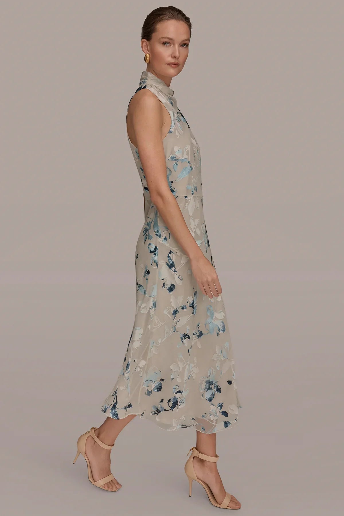 Women Floral Burnout Mock Neck Midi Dress Asymmetric Hem - Image 3