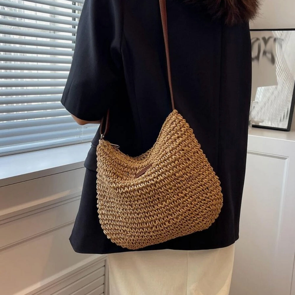 Women Straw Shoulder Bag Vegan Leather Strap - Image 14