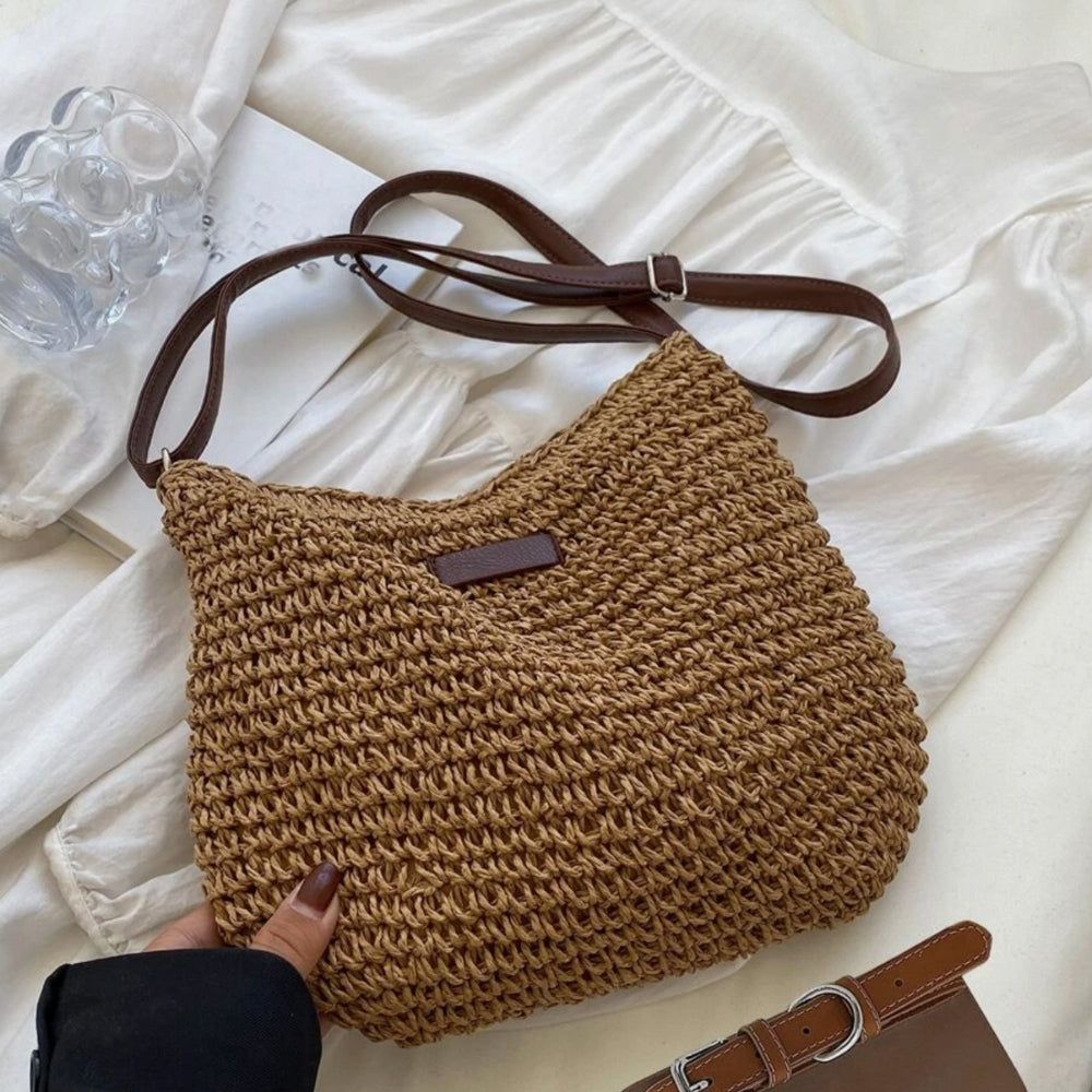 Women Straw Shoulder Bag Vegan Leather Strap - Image 15
