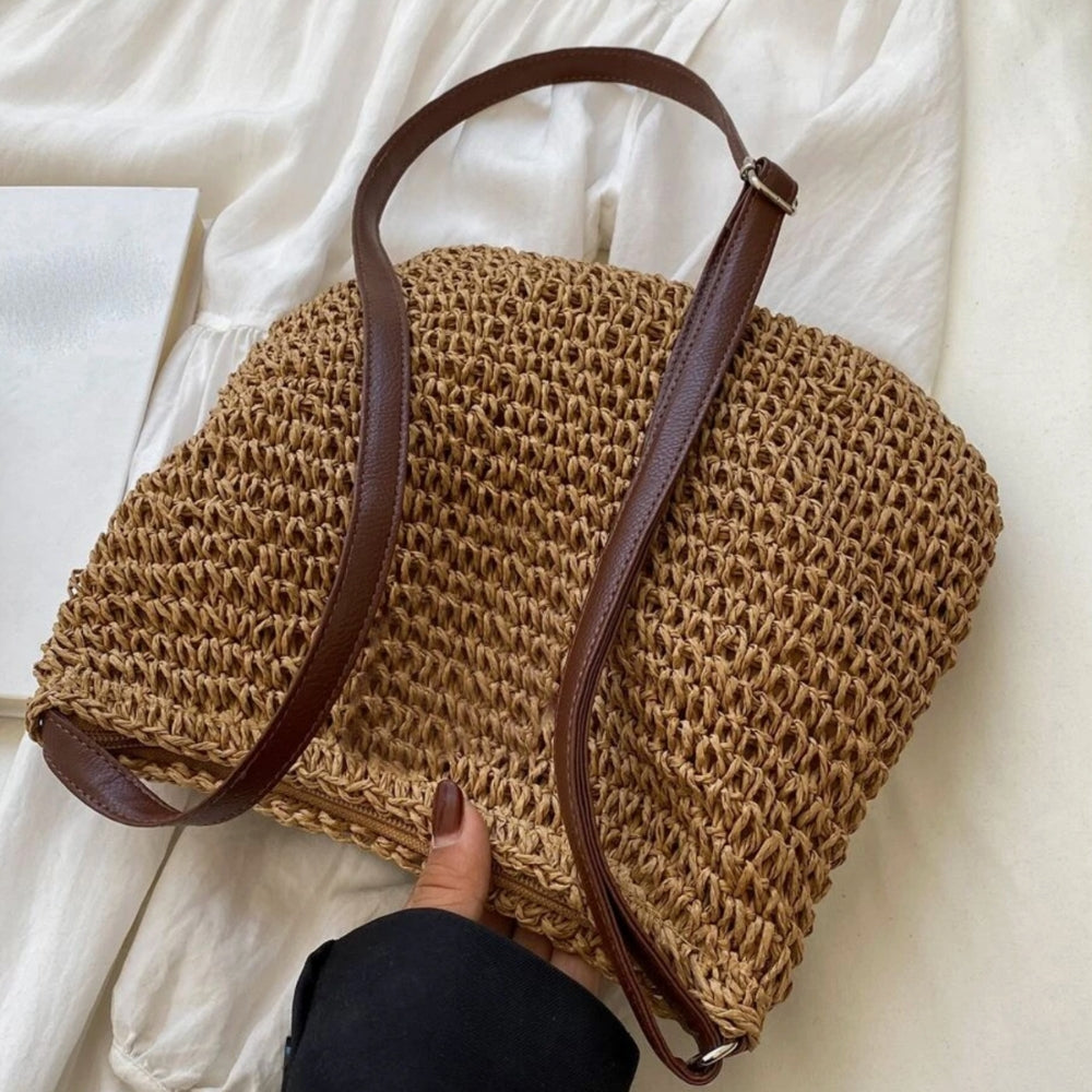 Women Straw Shoulder Bag Vegan Leather Strap - Image 16