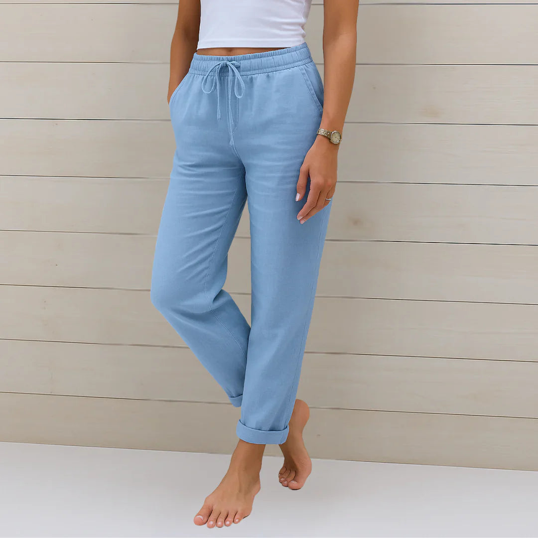 Women Linen Drawstring Pants Relaxed Fit Wide Leg - Image 3