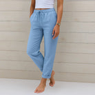 Women Linen Drawstring Pants Relaxed Fit Wide Leg - Image 3