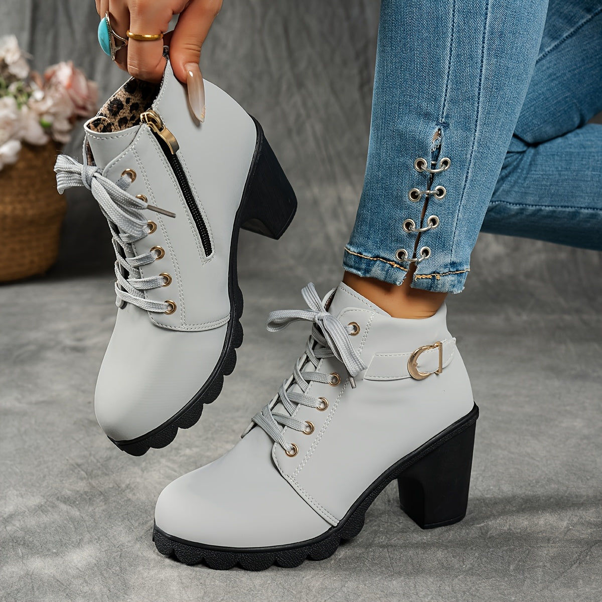 Women's Block Heel Lug Sole Ankle Boots Side Zip - Image 11
