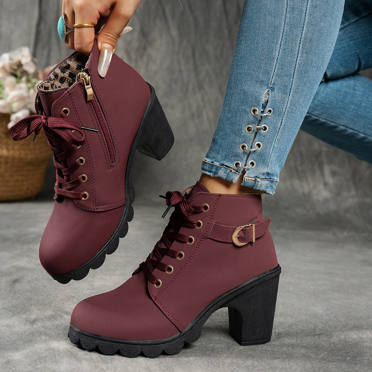 Women's Block Heel Lug Sole Ankle Boots Side Zip - Image 2