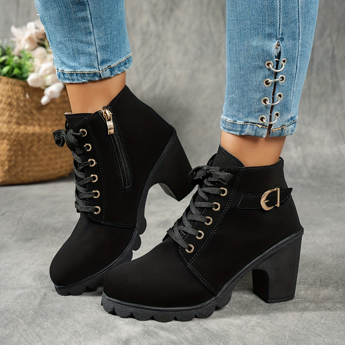 Women's Block Heel Lug Sole Ankle Boots Side Zip - Image 3