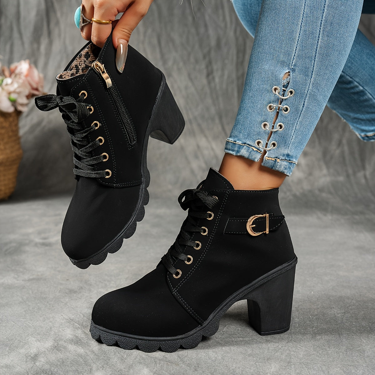 Women's Block Heel Lug Sole Ankle Boots Side Zip - Image 4