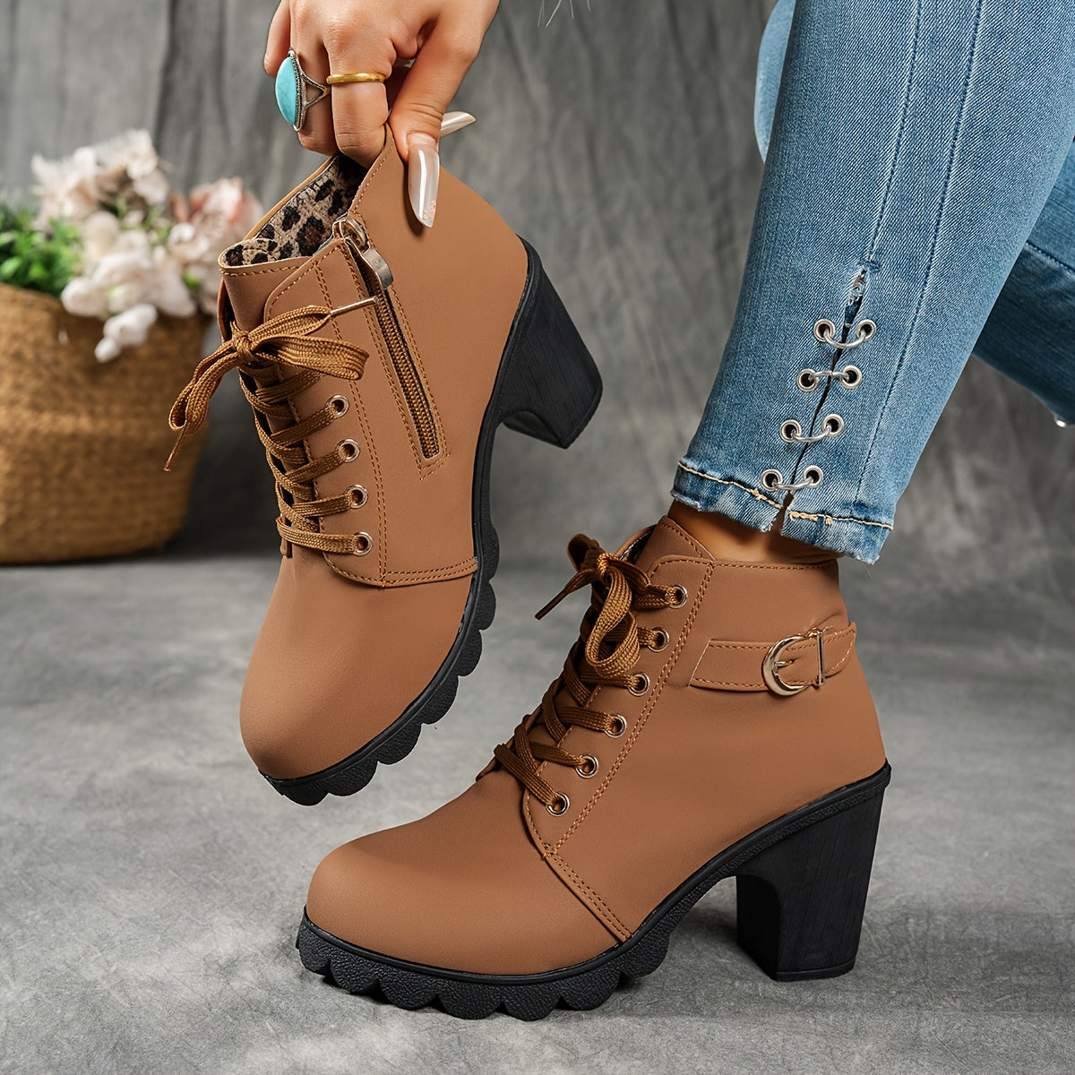 Women's Block Heel Lug Sole Ankle Boots Side Zip - Image 7