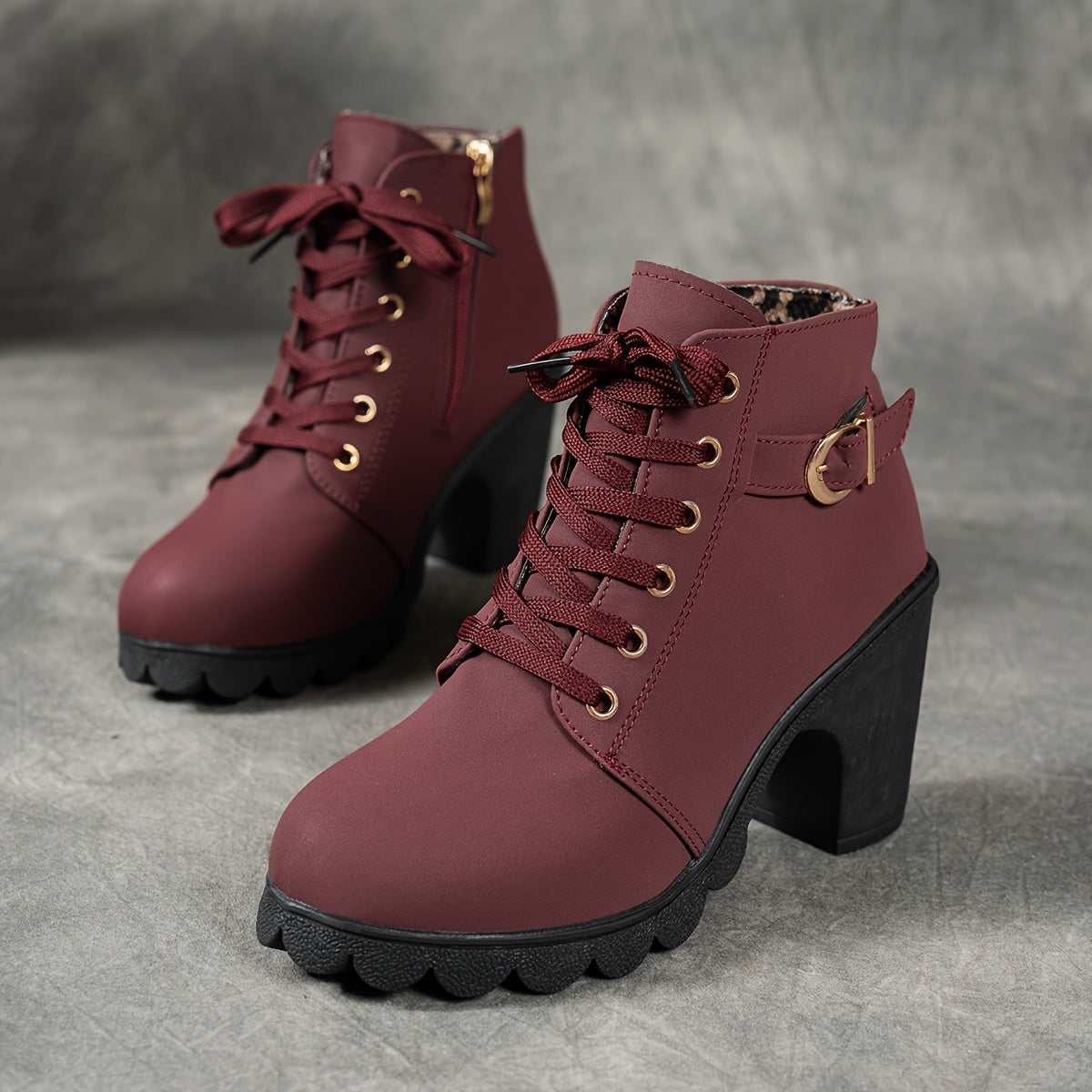 Women's Block Heel Lug Sole Ankle Boots Side Zip