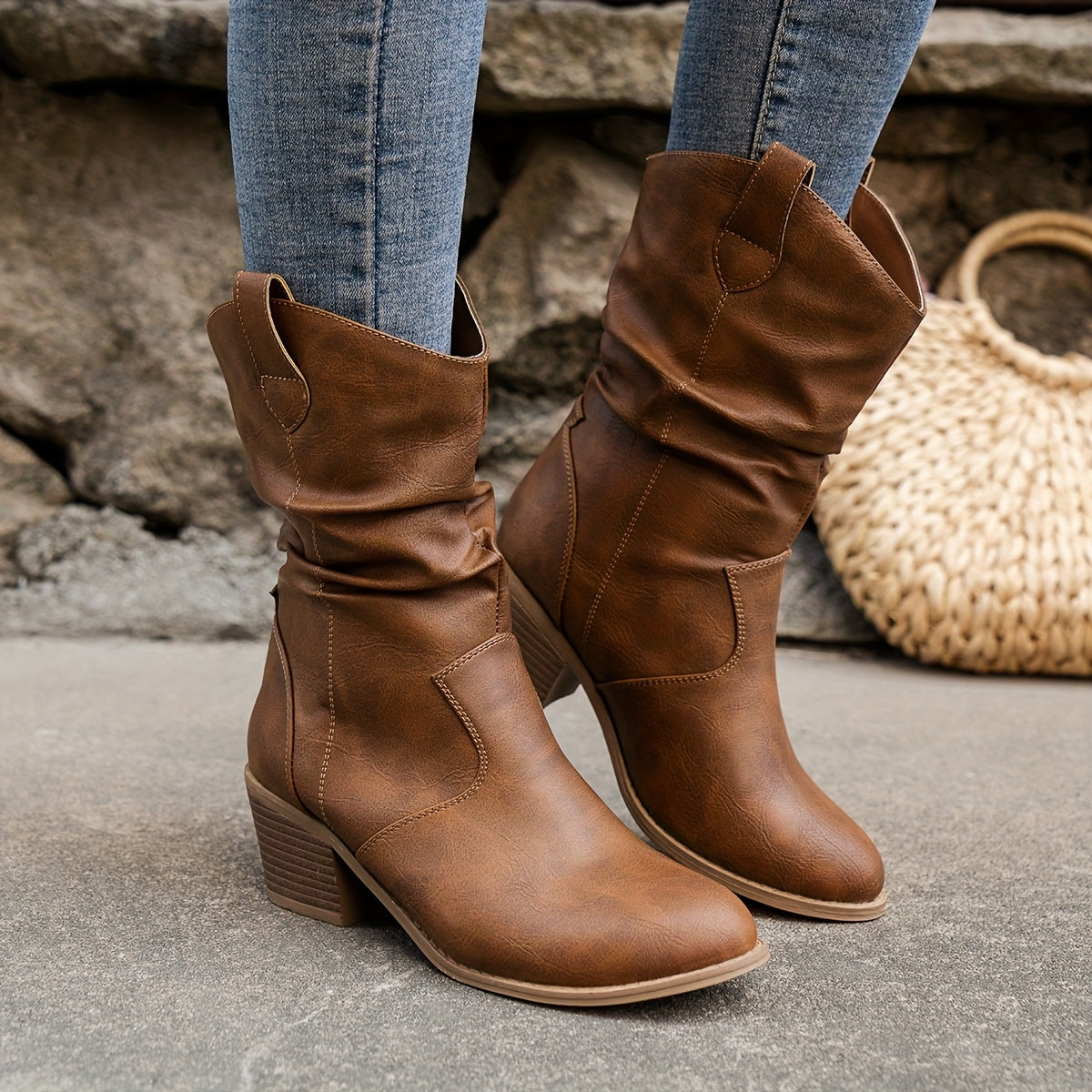 Women's Western Pointed Toe Block Heel Slouchy Ankle Boots - Image 2