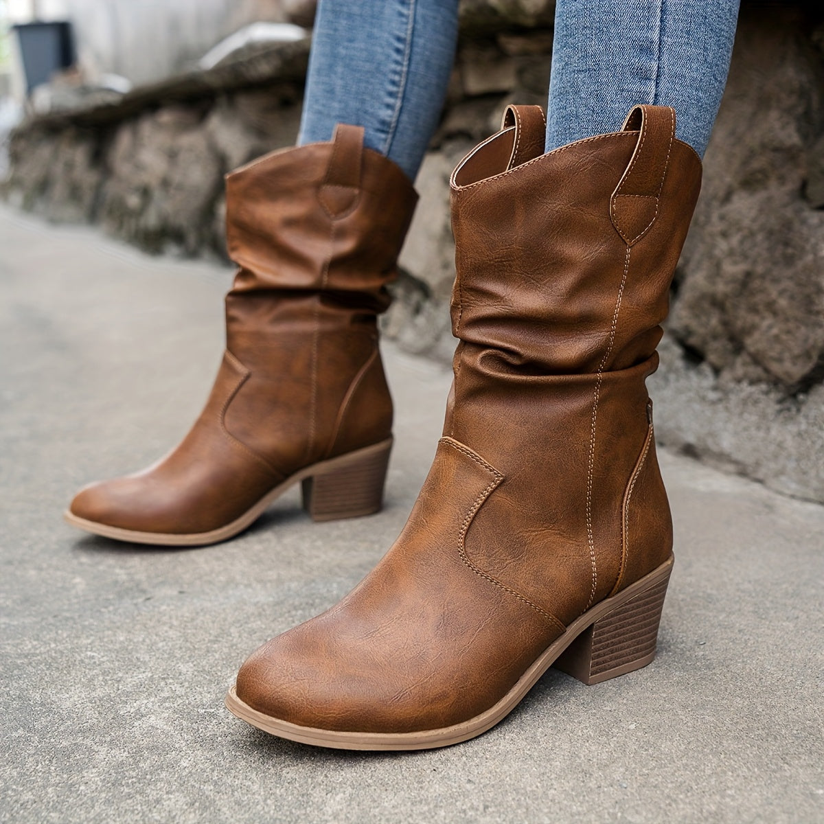 Women's Western Pointed Toe Block Heel Slouchy Ankle Boots - Image 3