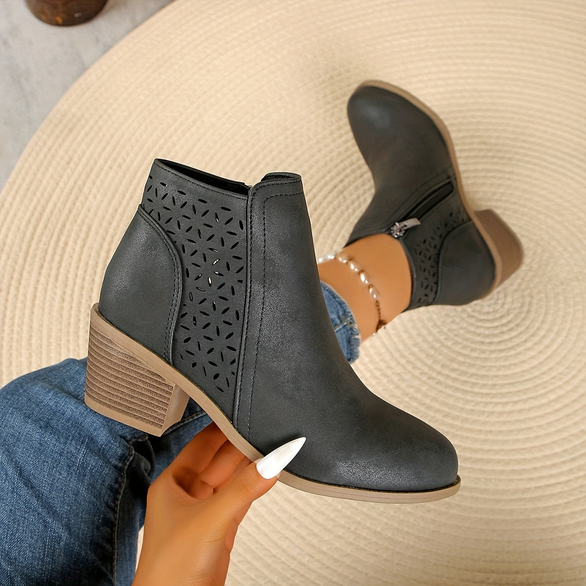 Women's Floral Cut Out Block Heel Ankle Boots - Image 2