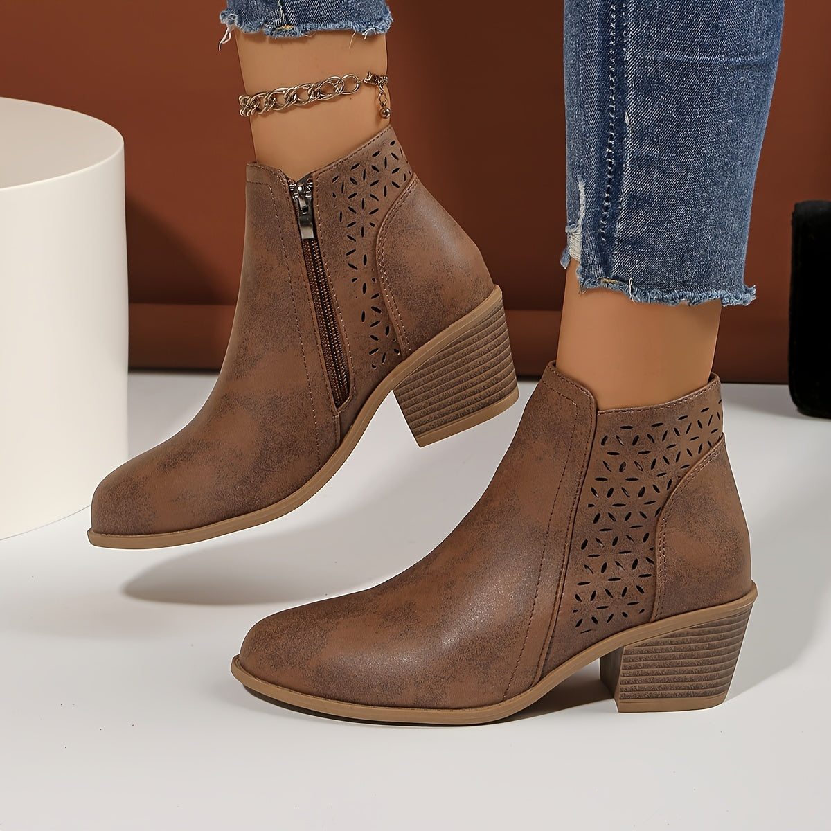 Women's Floral Cut Out Block Heel Ankle Boots - Image 7