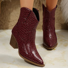 Women's Block Heel Pointed Toe Embossed Ankle Boots - Image 4
