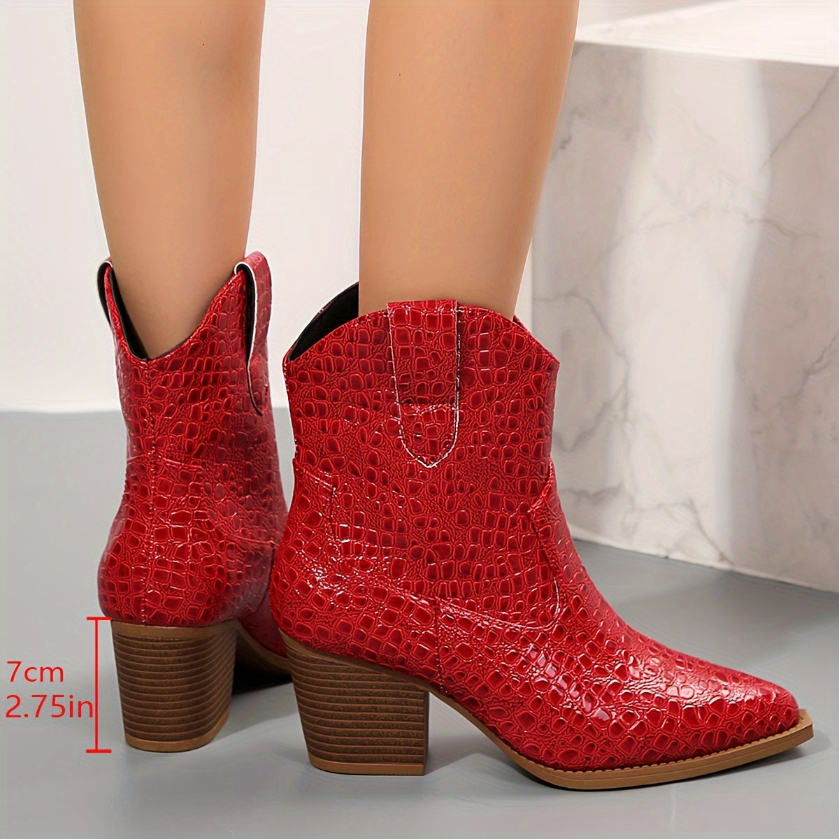 Women's Block Heel Pointed Toe Embossed Ankle Boots - Image 8