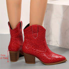 Women's Block Heel Pointed Toe Embossed Ankle Boots - Image 8