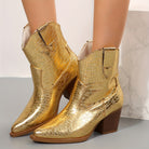 Women's Block Heel Pointed Toe Embossed Ankle Boots