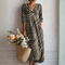 Women Vintage Linen Midi Dress Abstract Print Pockets