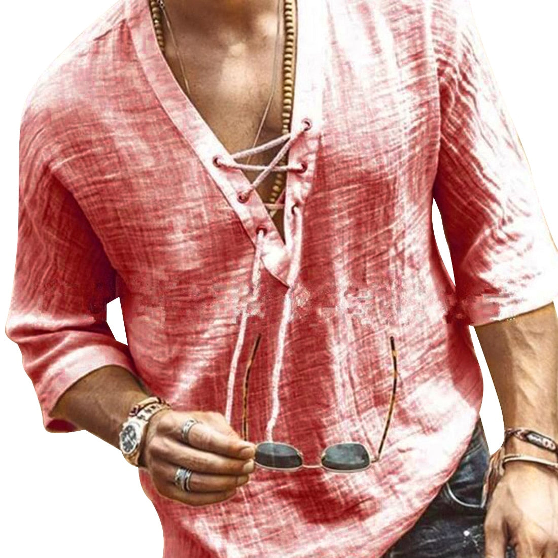 Men's Cotton Loose Fit Lace-Up Summer Shirt - Image 4