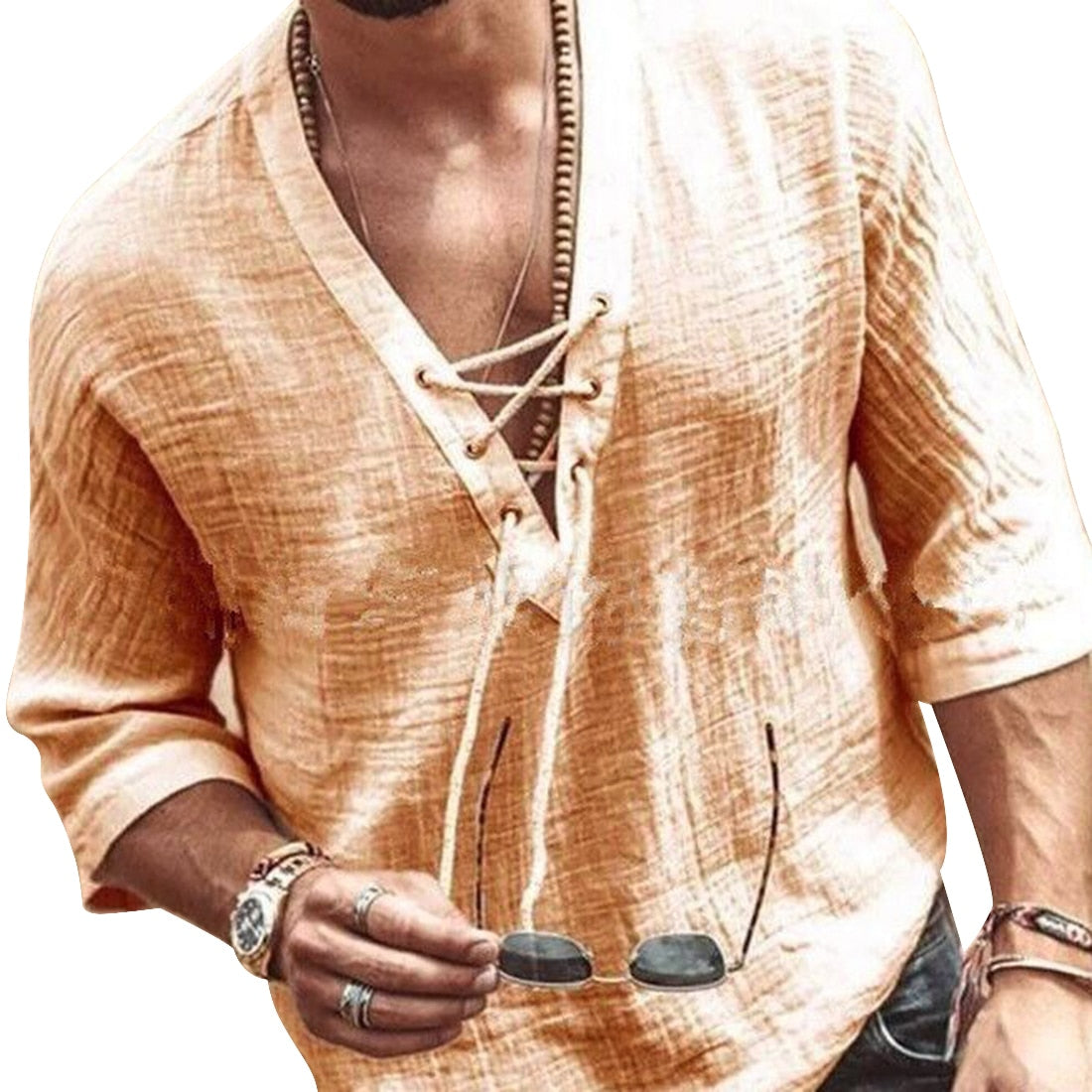 Men's Cotton Loose Fit Lace-Up Summer Shirt - Image 3