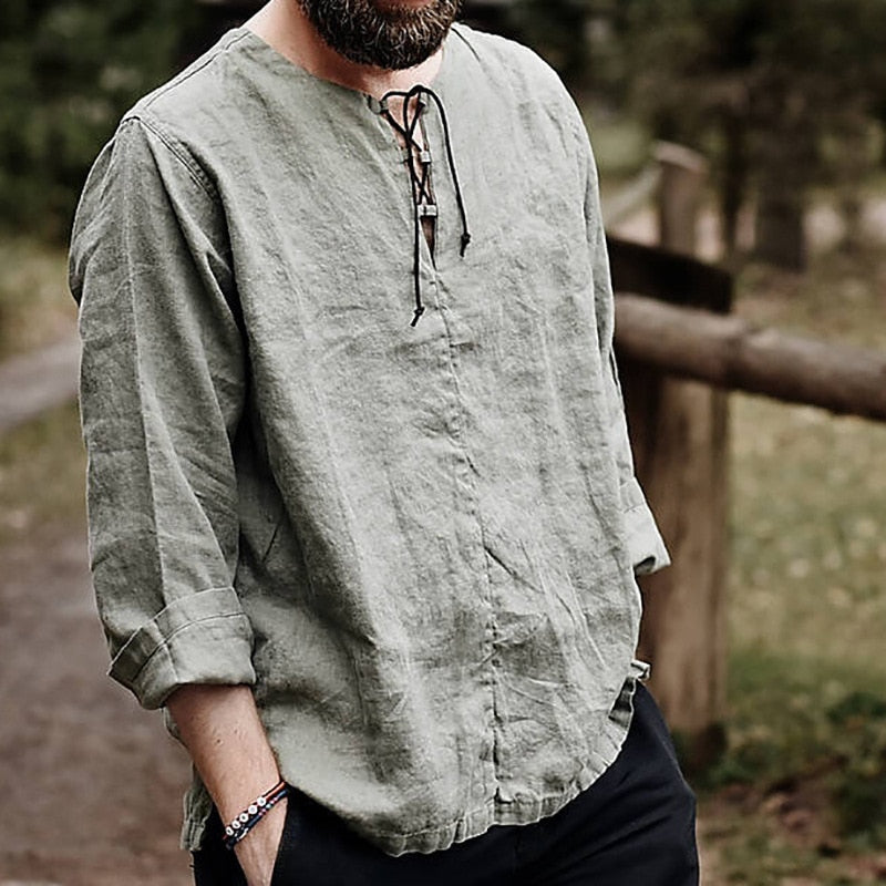 Men's Casual Linen Shirt Long Sleeve V-Neck Summer Beach - Image 2