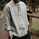 Men's Casual Linen Shirt Long Sleeve V-Neck Summer Beach - Image 2