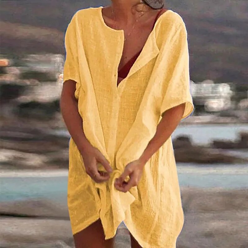 Women Linen Blend Flared Hem Dress Light Green - Image 4