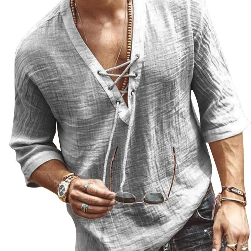 Men's Cotton Loose Fit Lace-Up Summer Shirt - Image 2