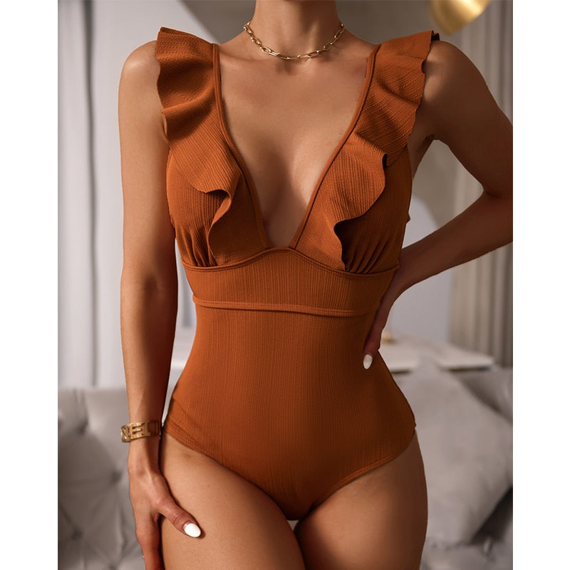 Women Boho One Piece Swimsuit Sexy Ruched Low Back - Image 3