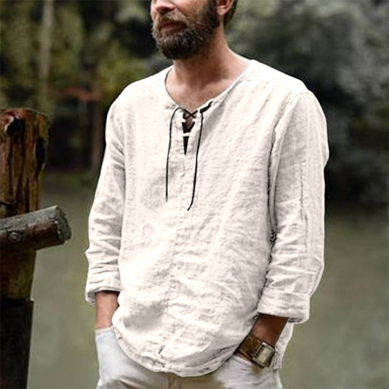 Men's Casual Linen Shirt Long Sleeve V-Neck Summer Beach