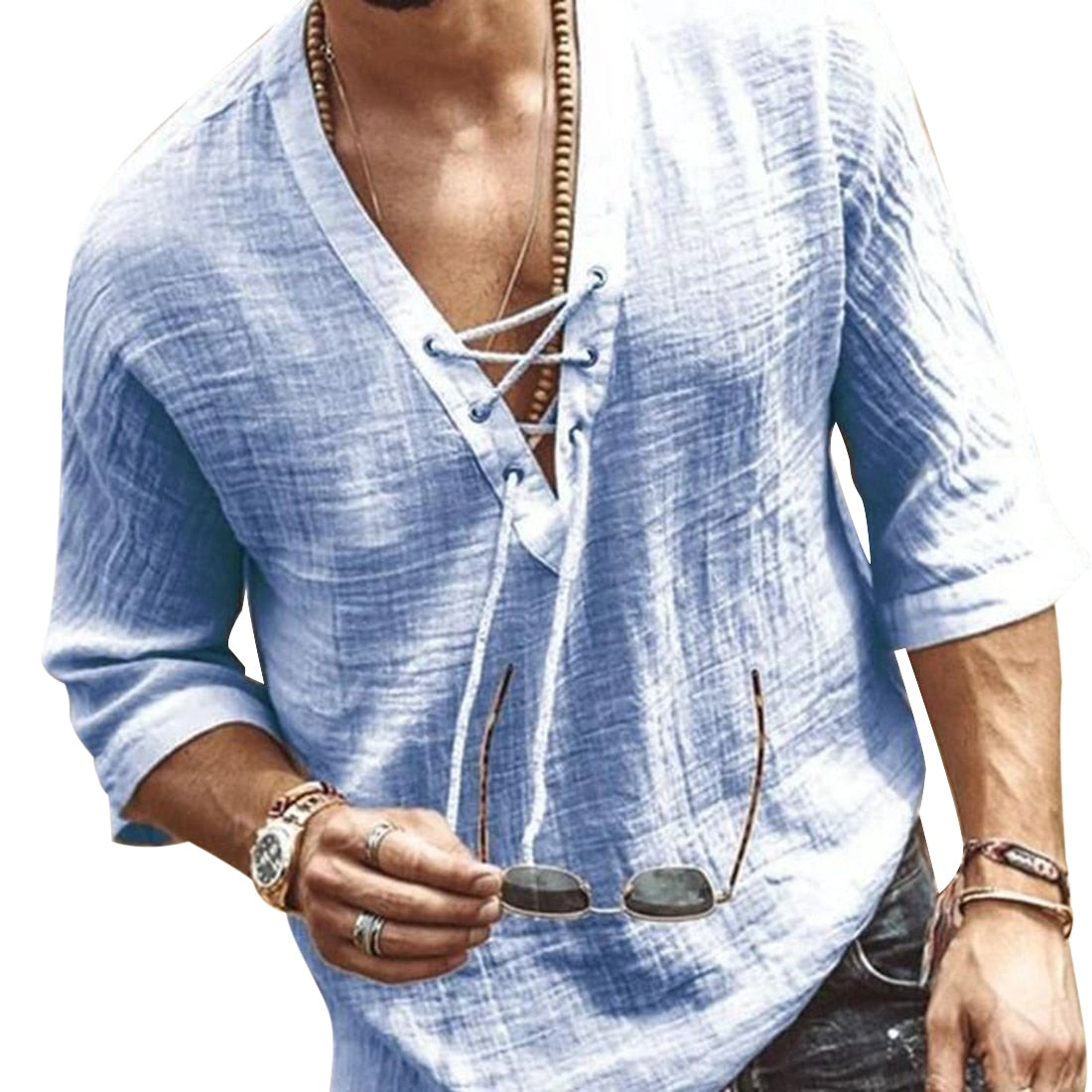Men's Cotton Loose Fit Lace-Up Summer Shirt - Image 6