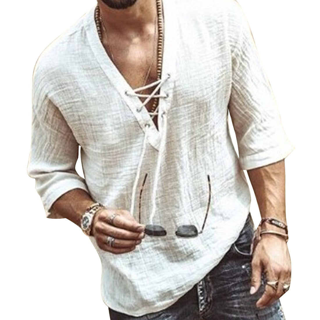Men's Cotton Loose Fit Lace-Up Summer Shirt - Image 5