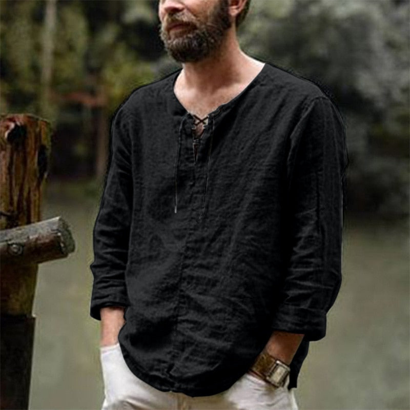 Men's Casual Linen Shirt Long Sleeve V-Neck Summer Beach - Image 3