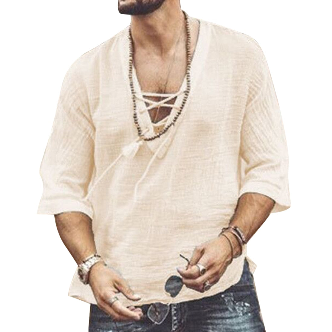 Men's Cotton Loose Fit Lace-Up Summer Shirt