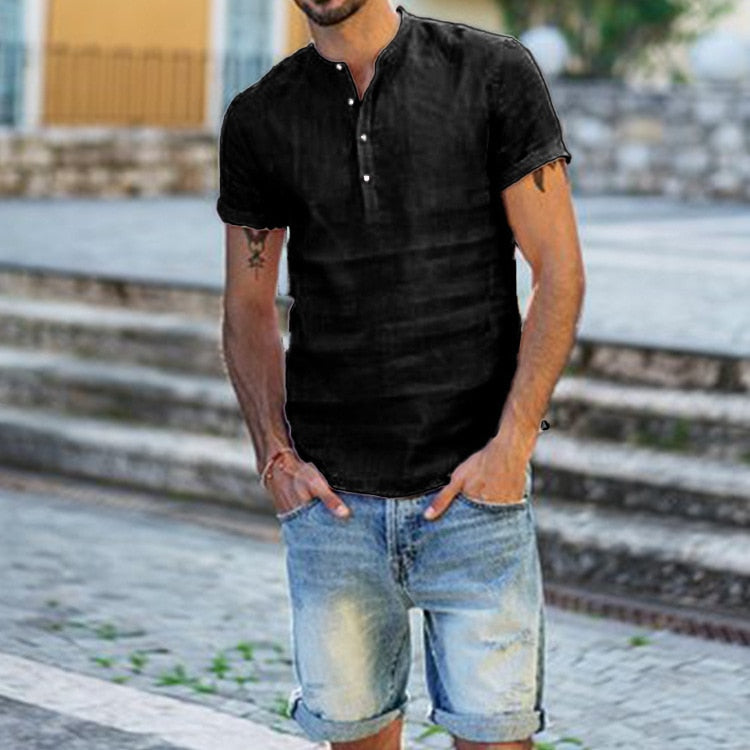 Men's Casual Linen Shirt Long Sleeve V-Neck Summer Beach - Image 4