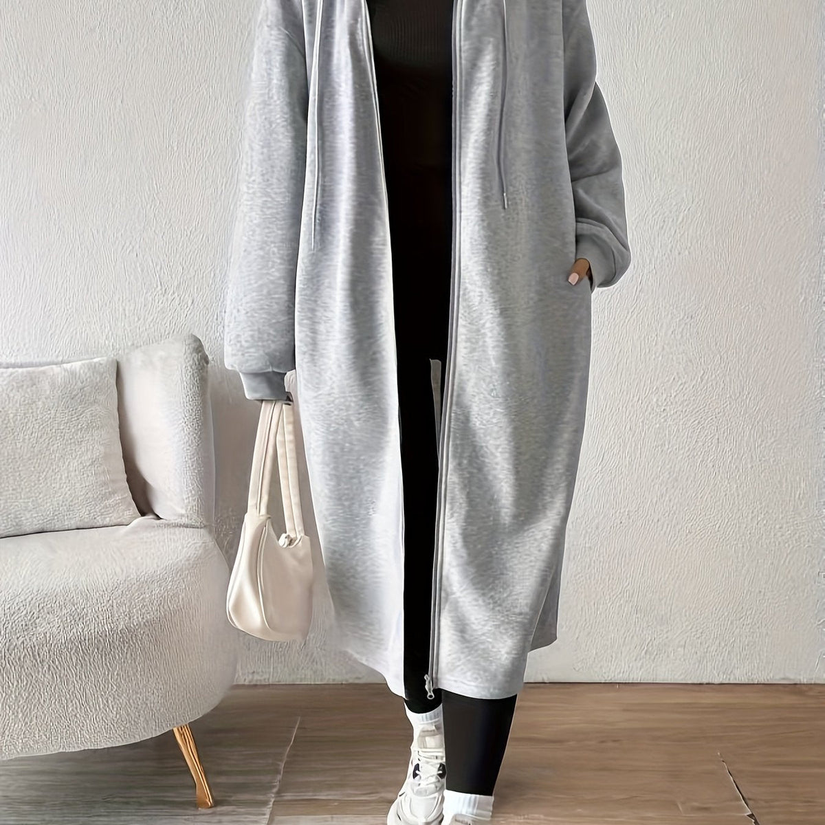 Women's Long Hooded Zip-Up Relaxed Fit Jacket - Image 11