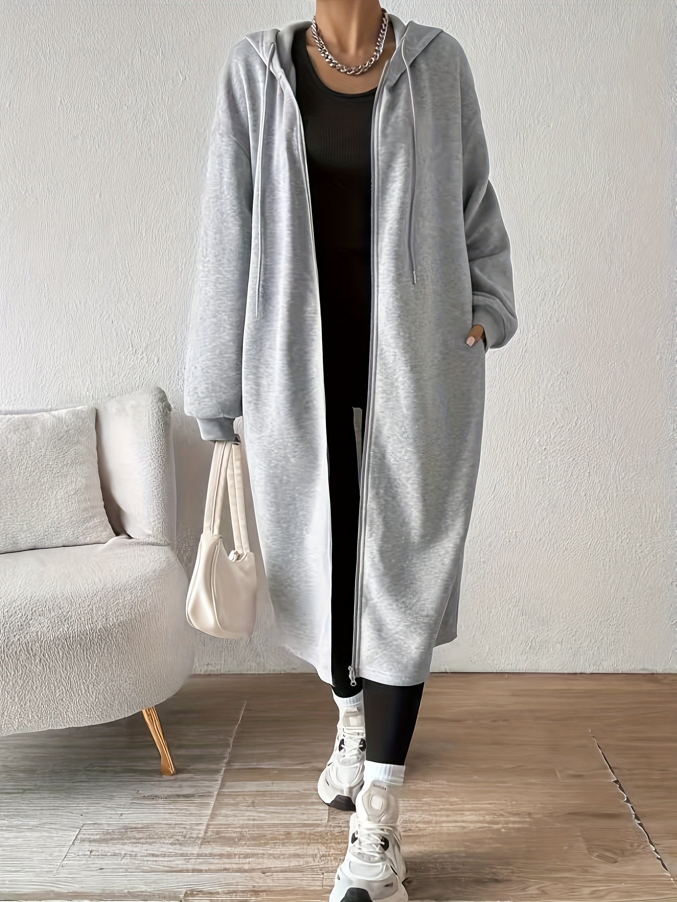 Women's Long Hooded Zip-Up Relaxed Fit Jacket - Image 5