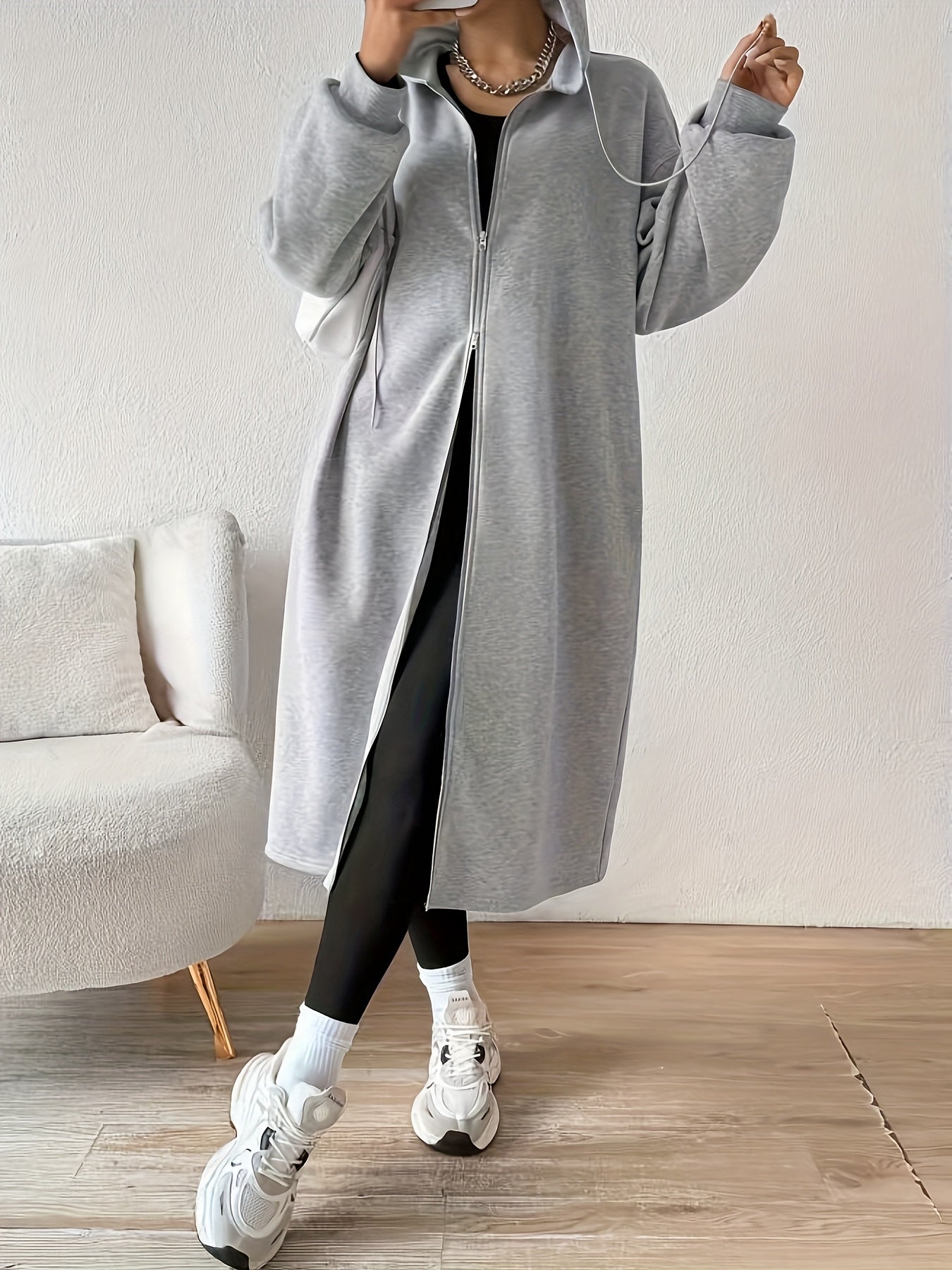 Women's Long Hooded Zip-Up Relaxed Fit Jacket - Image 7