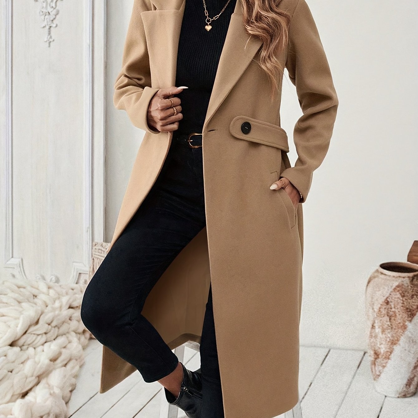Women's Long Trench Coat Notch Lapel Winter Maxi