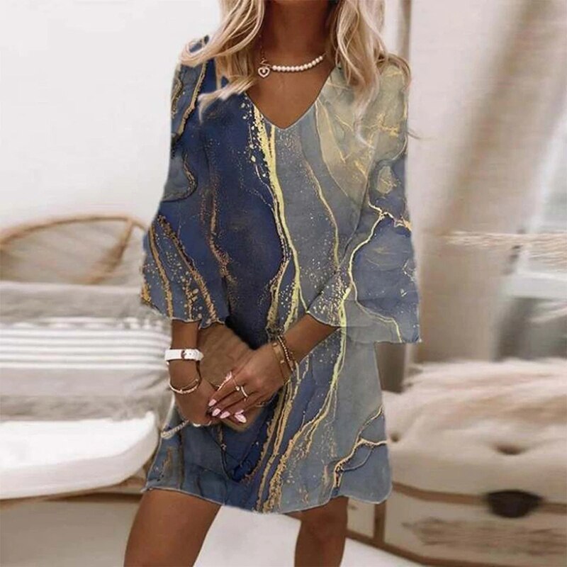 Women Marble Print V-Neck Flowy Mini Dress - Image 2