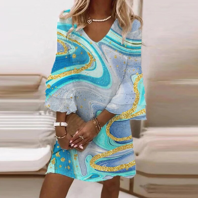 Women Marble Print V-Neck Flowy Mini Dress - Image 3