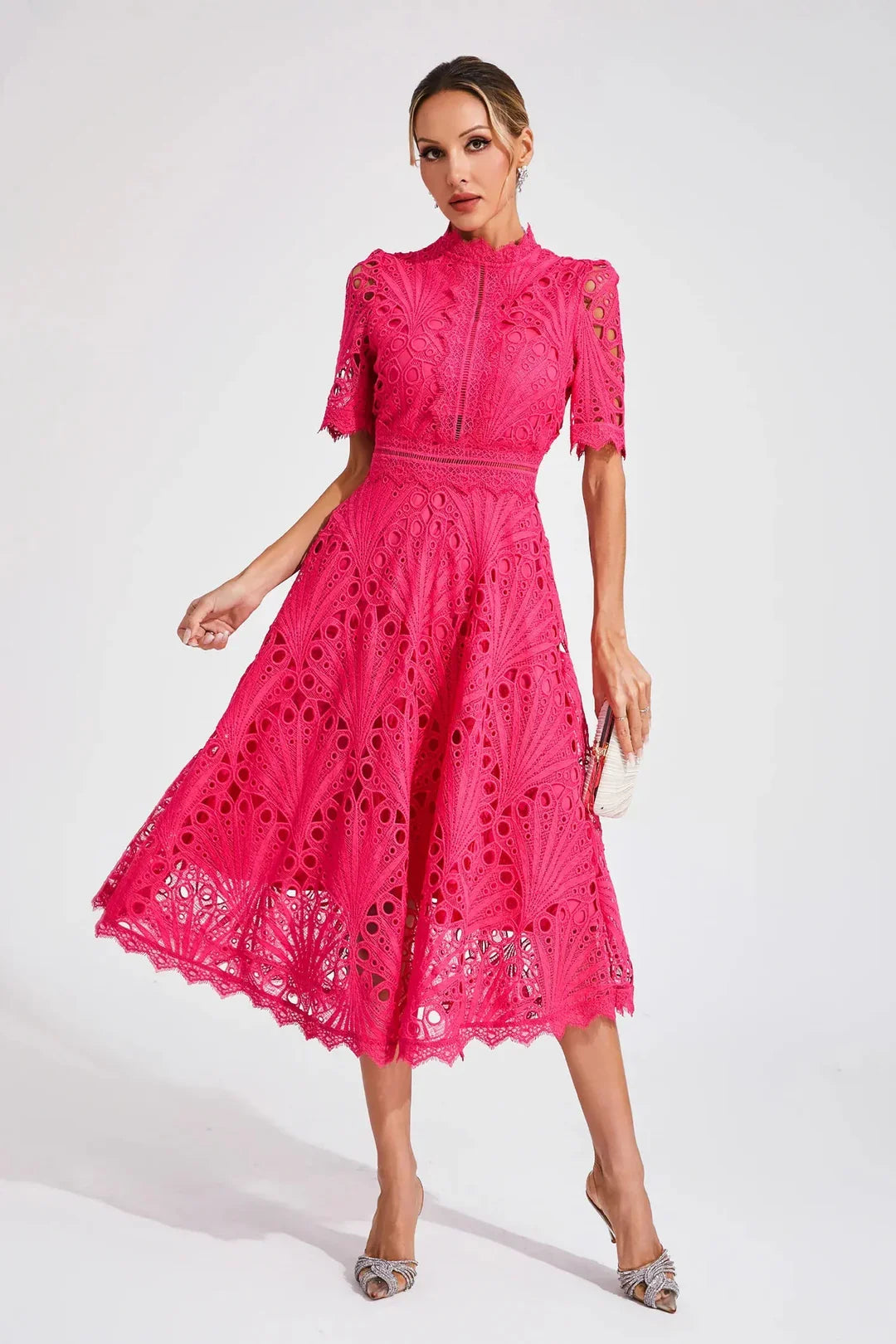 Women Guipure Lace High-Neck A-Line Midi Dress - Image 2