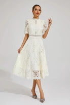 Women Guipure Lace High-Neck A-Line Midi Dress