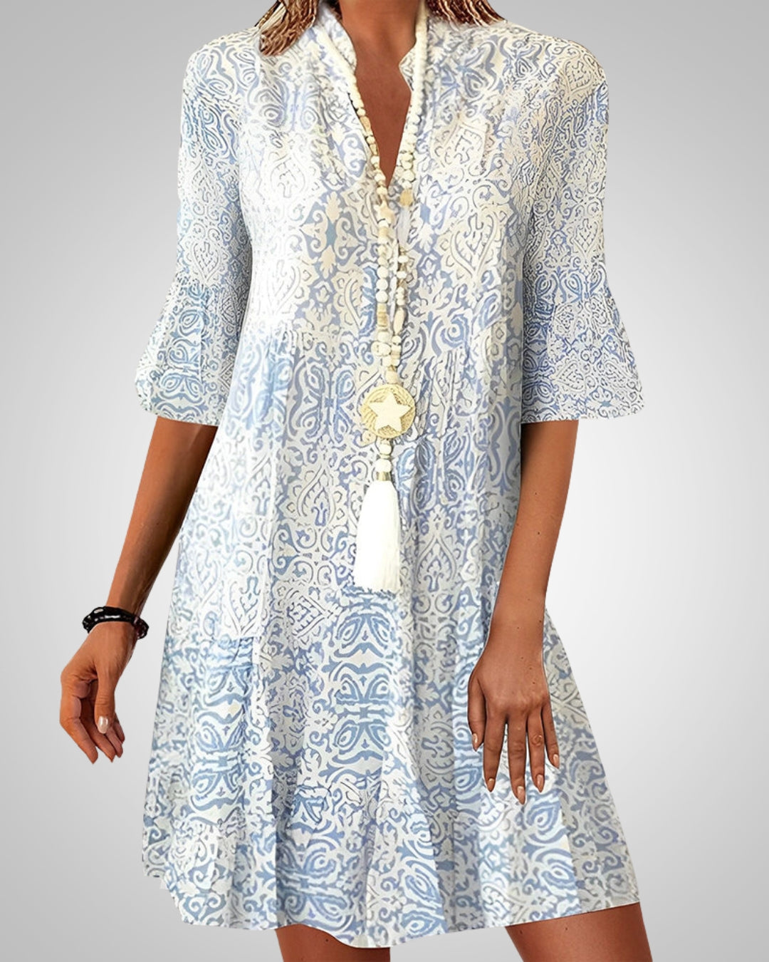 Women's Boho V-Neck 3/4 Sleeve Midi Dress