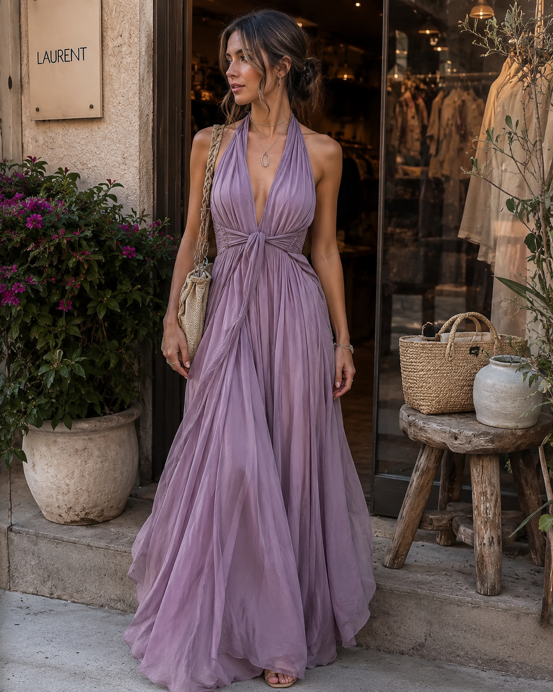 Women Halter Neck Deep V-Neck Flowy Maxi Dress Ruched Waist - Image 7