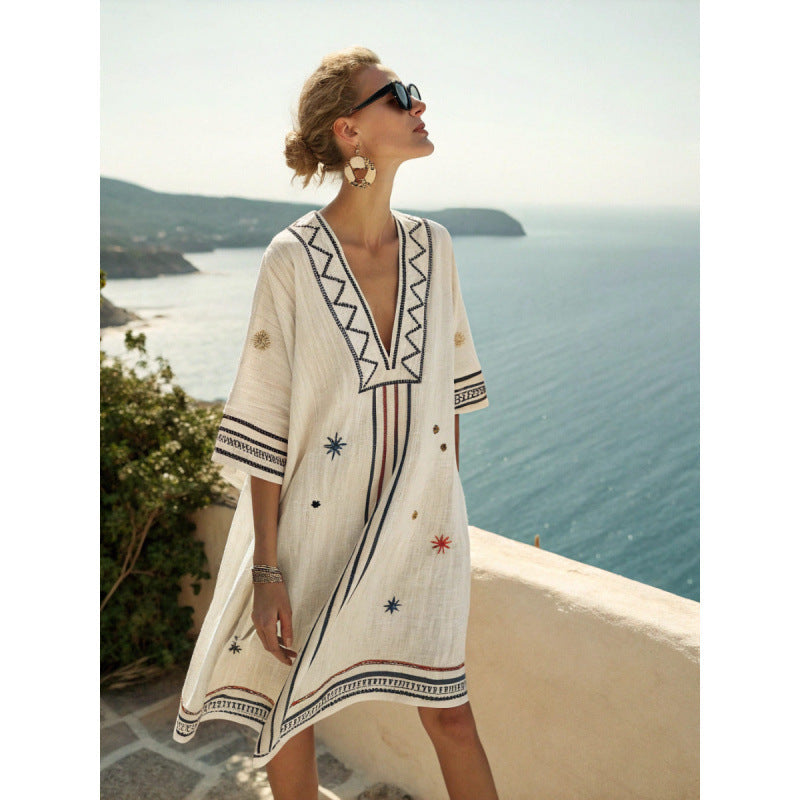 Women Cotton Linen Embroidered Caftan Dress Bohemian Summer Beach - Image 2