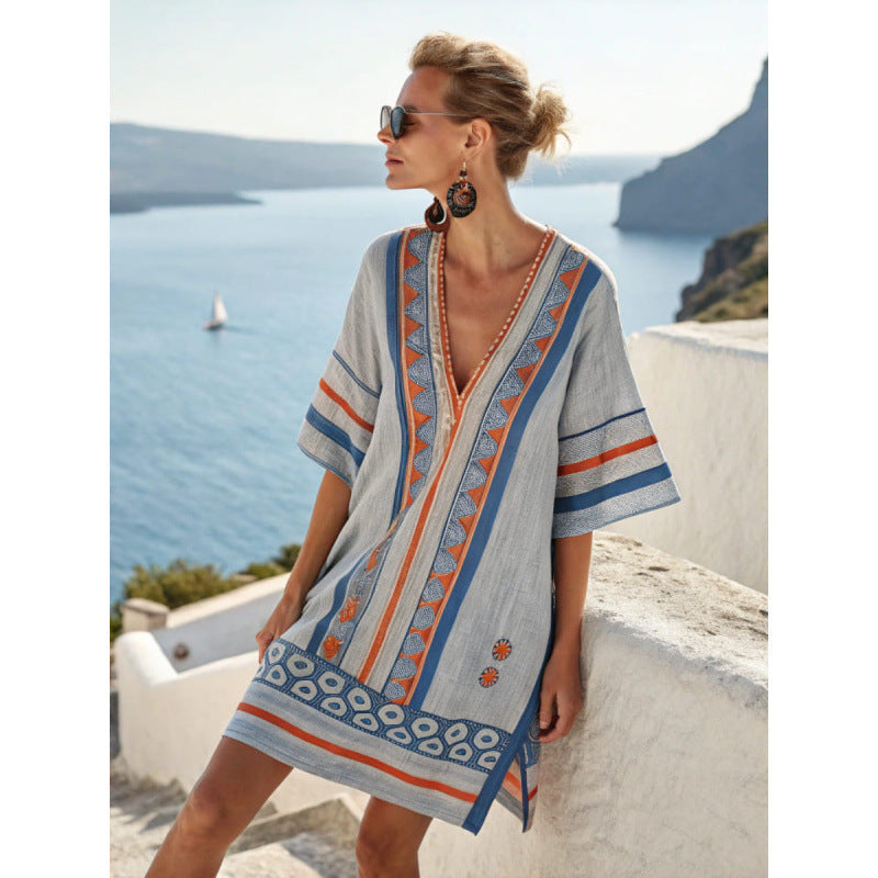 Women Cotton Linen Embroidered Caftan Dress Bohemian Summer Beach - Image 11