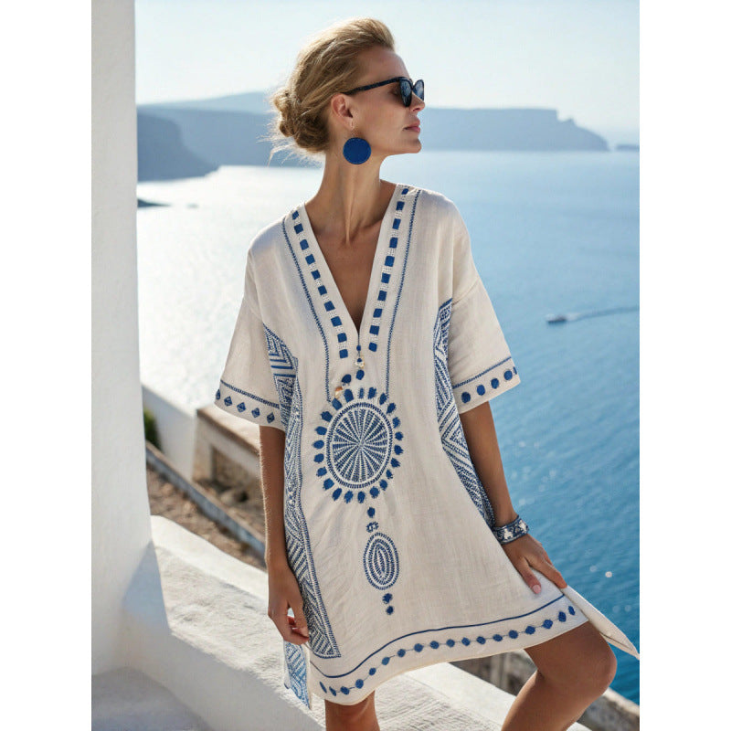 Women Cotton Linen Embroidered Caftan Dress Bohemian Summer Beach - Image 7