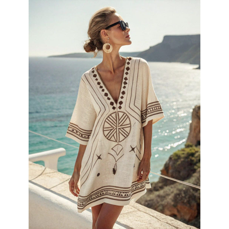 Women Cotton Linen Embroidered Caftan Dress Bohemian Summer Beach - Image 9